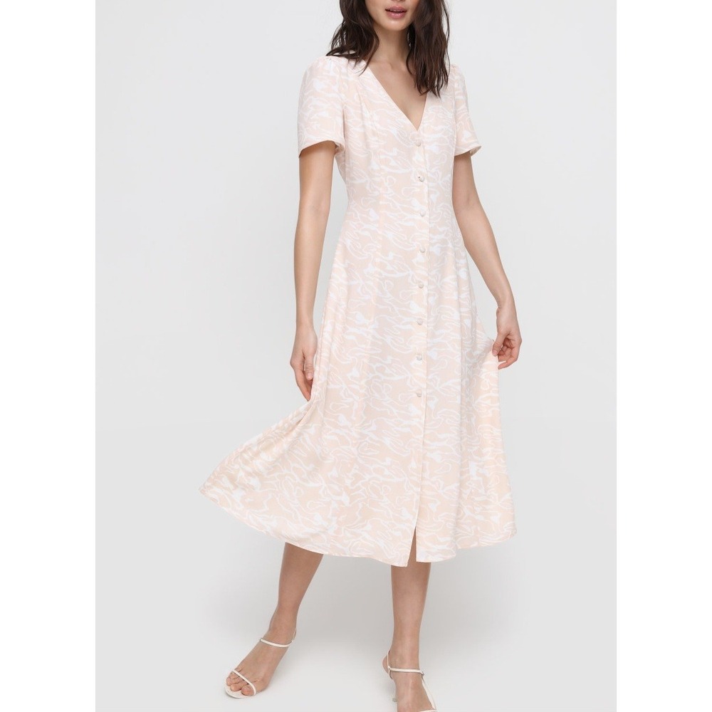 NWT Babaton Aritzia Elin A-line Modest Midi Dress Pink White Button Front Small - Picture 2 of 12